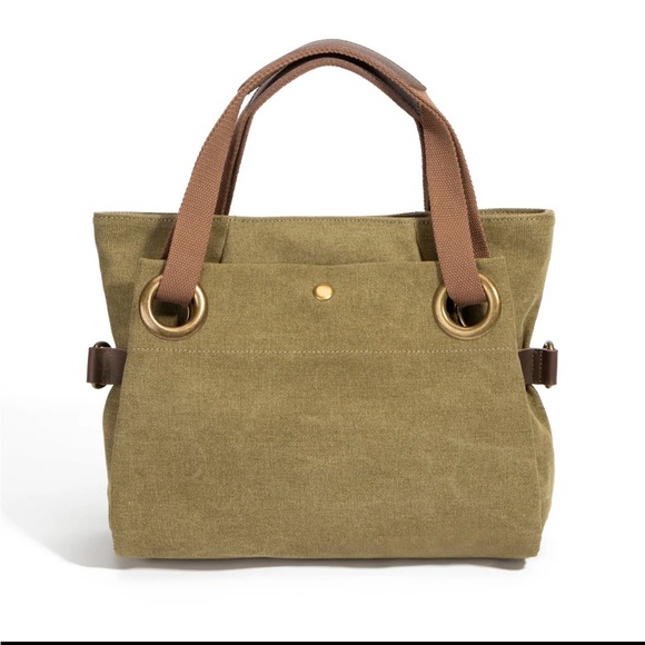 Olive Canvas Shoulder Bag with Brown Straps - Picture 3 of 7